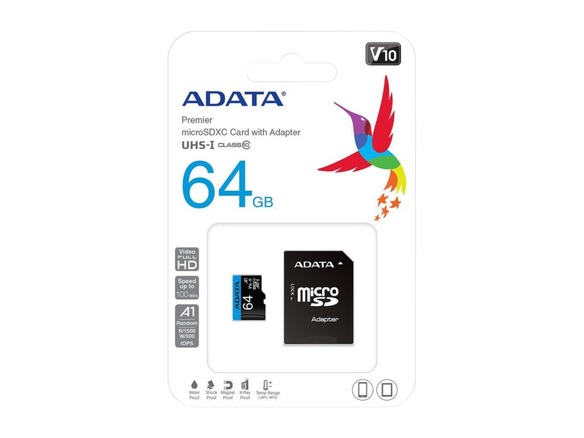 Carte Mémoire ADATA Micro 64GB SDHC Class 10 avec Adaptateur (AUSDX64GUICL10A1-RA1)
