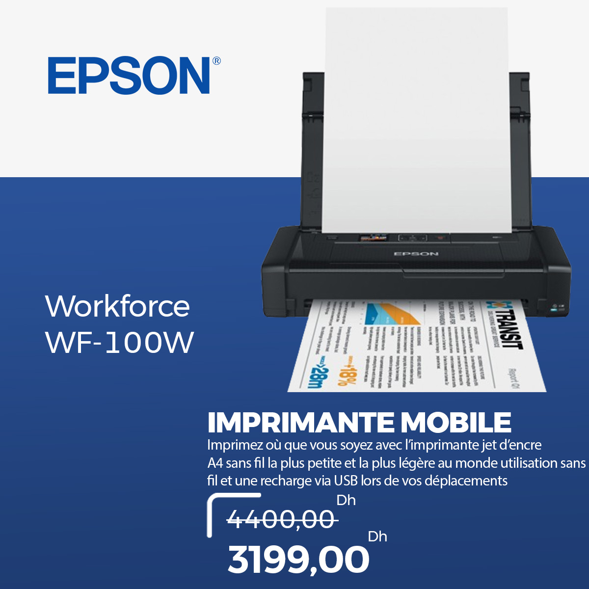 Imprimante mobile Jet d’encre Epson Workforce WF-100W (C11CE05403)