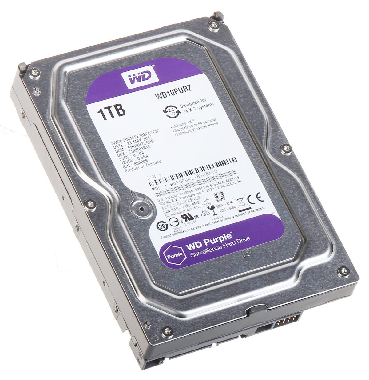 Western Digital Disque dur interne 3.5" 1TB Purple pour la vidéo surveillance (WD10PURZ)